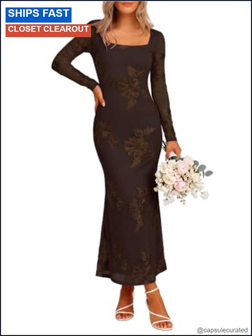 Womens Slim Fit Embroidered Mesh Maxi Dress Square Neck Long Sleeve Formal